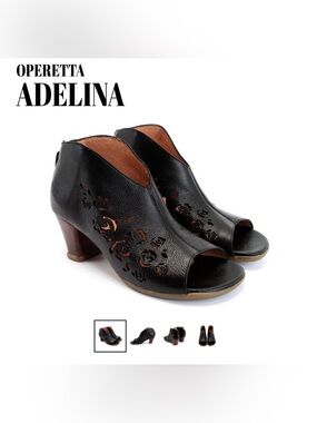 Adelina Black Peep-Toe Leather Heels